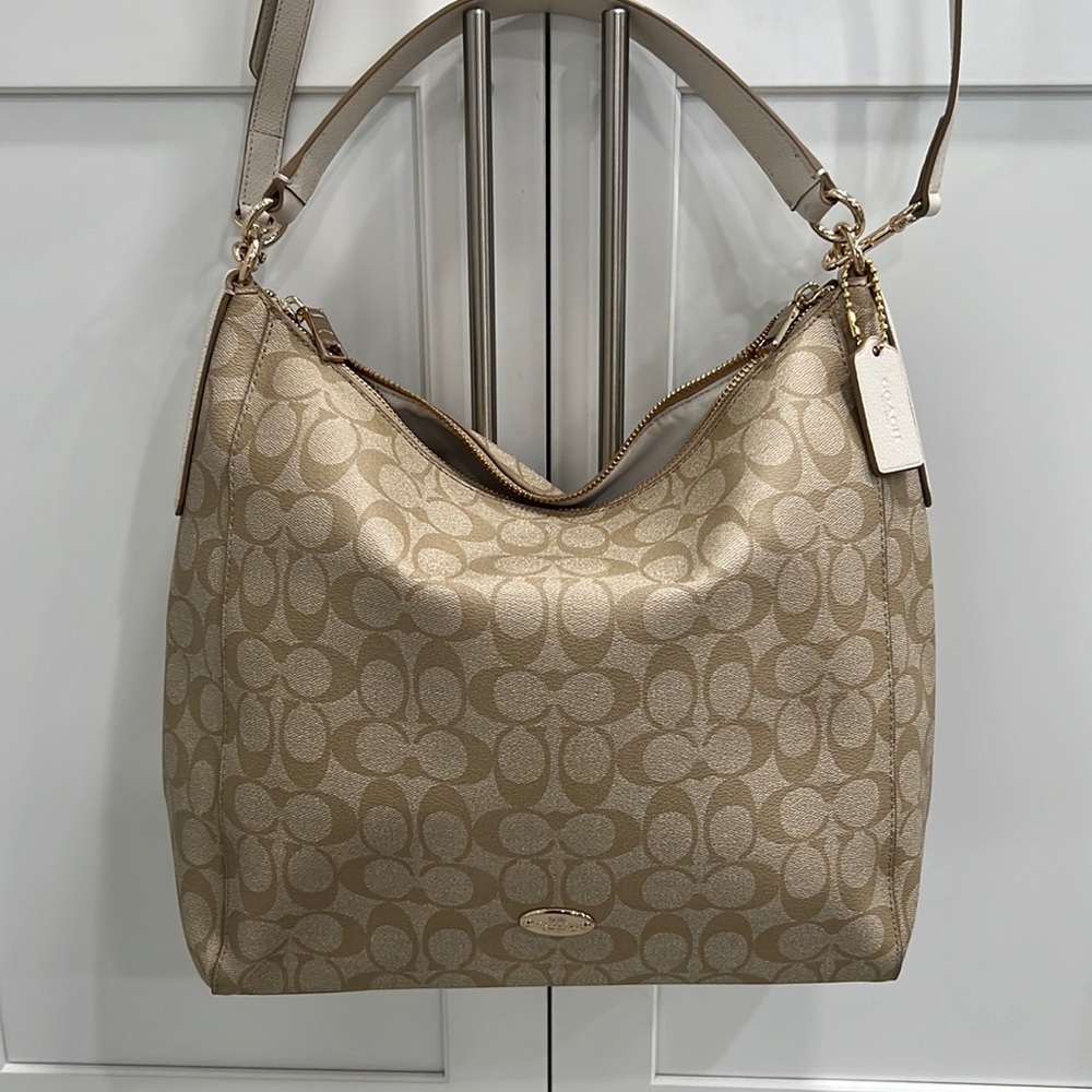 Coach Beige Signature Coated Canvas Crossbody Shoulder Bag Large Tote